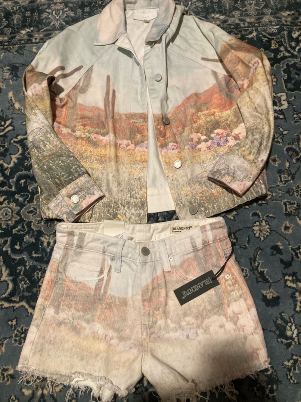 Blank NYC Pastel Desert Print Jean Jacket and Shorts Set - Light Blue, Pink, Tan